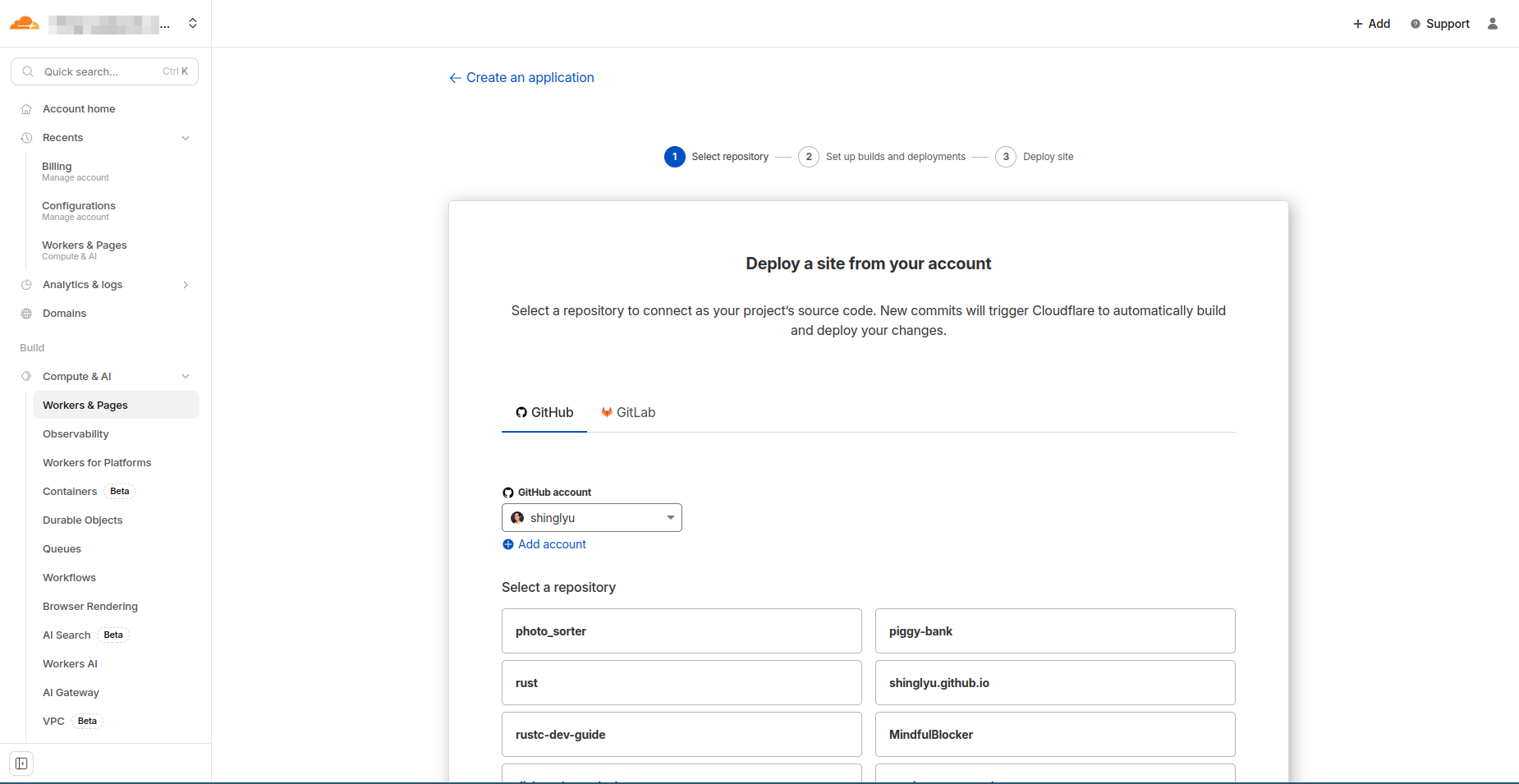 Cloudflare Pages - Select a repository