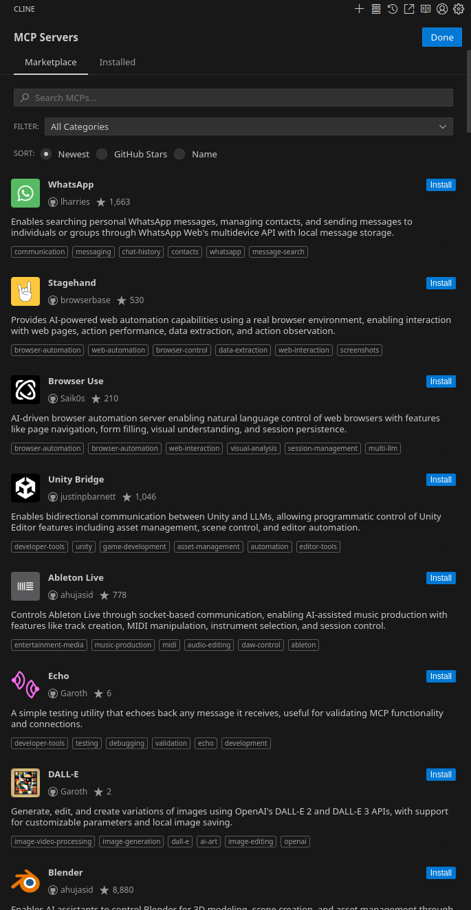 Cline's MCP marketplace interface showing available extensions