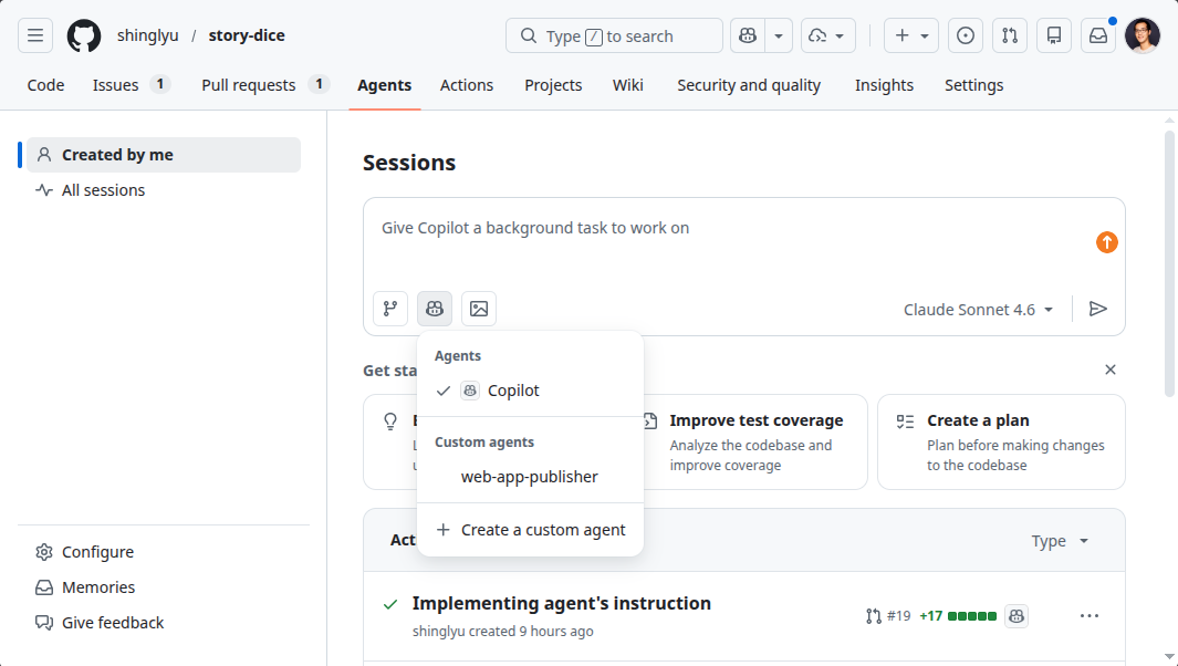 The custom agent appearing in the Copilot agent picker dropdown under "Custom agents"
