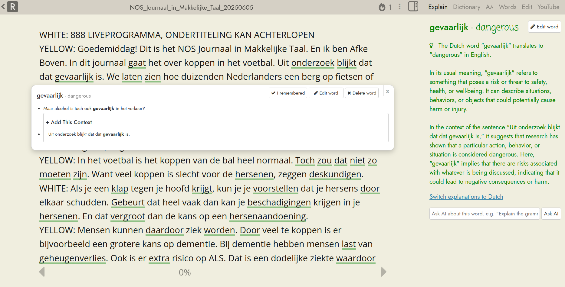 Reading Dutch subtitles in Readlang