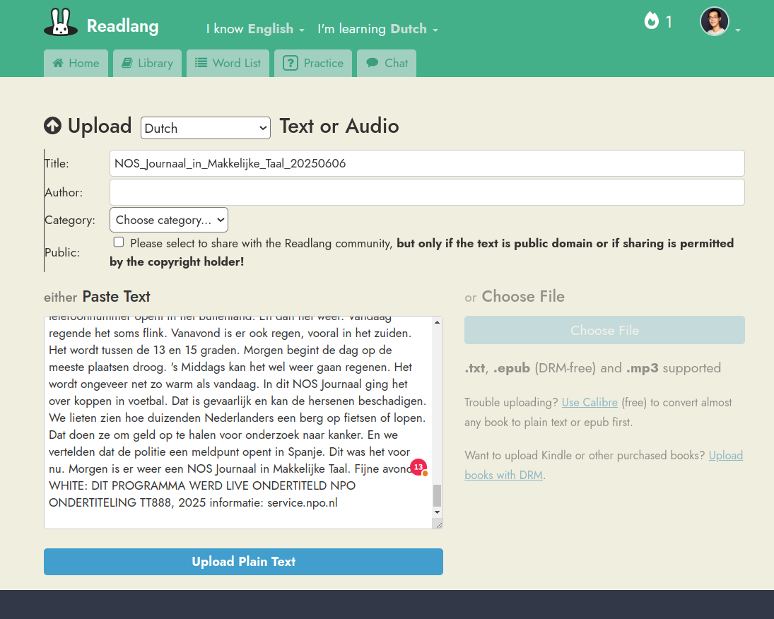 Readlang upload interface