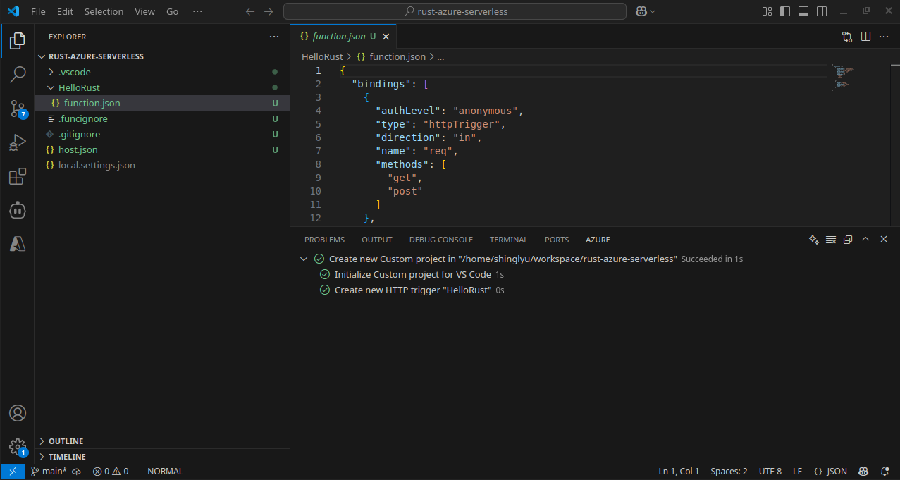 Azure Functions project created in VS Code
